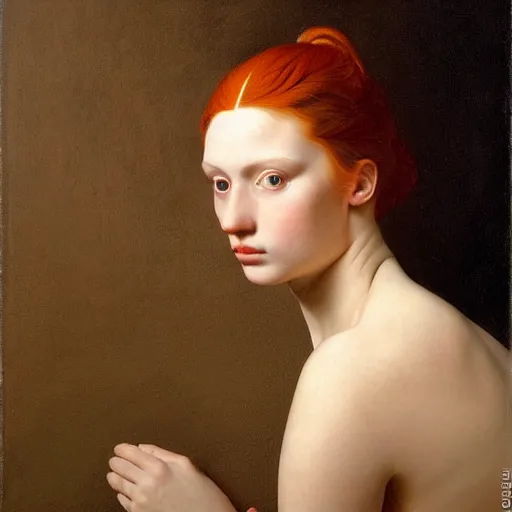 Prompt: full body portrait of a red haired girl with a soft smile, with long hair, green eyes, hint of freckles, beautiful round face, pale skin, highly detailed, deep focus, smooth, sharp focus, golden ratio, dramatic illumination, ultra realistic, 8 k, painting art by artemisia lomi gentileschi and caravaggio