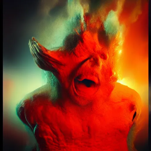 Prompt: a devilish red monster with horns licking hot lava emerging from boiling rough fiery lava seas, monster licking lava, grimace, crying, close - up portrait photo by david lachapelle, masterpiece, trending on flickr