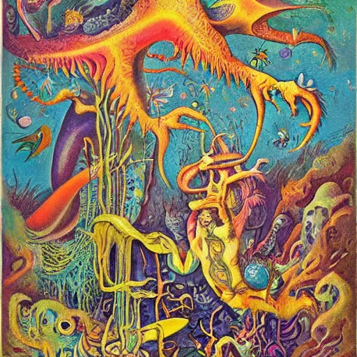 Image similar to whimsical monsters repressed in the depths of the unconcscious, surreal oil painting by Ronny Khalil and Kandinsky, drawn by Ernst Haeckel, as an offering to Zeus
