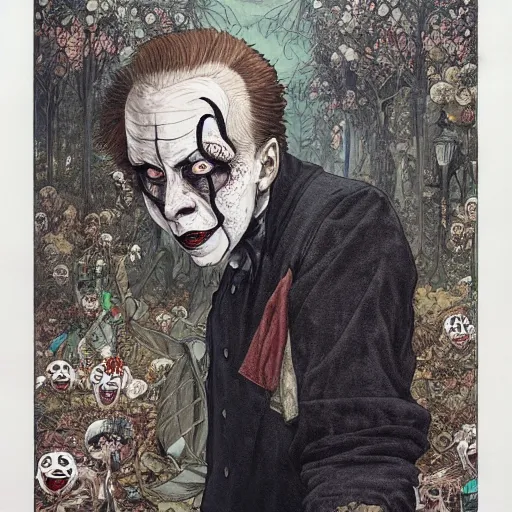 Image similar to Nicolas Cage as Pennywise from IT portrait painted in Frank frazzeta style drawn by Vania Zouravliov and Takato Yamamoto, inspired by Fables, intricate acrylic gouache painting, high detail, sharp high detail, manga and anime 2000