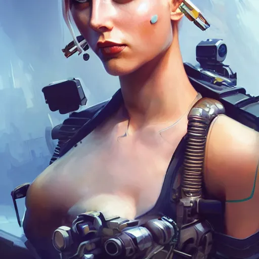 Image similar to tank girl, highly detailed, half android, power implants, body transmogrify, beautiful, mesmerising, look of desire, loving stare, digital painting, trending on artstation, concept art, 4 k, sharp focus, illustration, art by artgerm and greg rutkowski