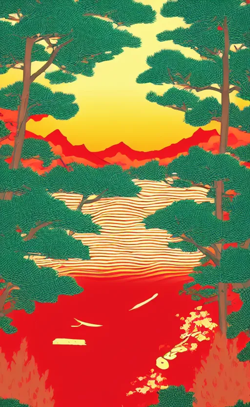 Image similar to hanafuda, portrait of a red charm and a lake in the middle of japanese pines, a big red sun in the background, front game card, vector line art, trending on artstation, concept art, stunning, matte