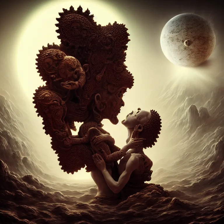 Image similar to portrait of two buddhist demons kissing each other in wastelands on white exoplanet at night, baroque portrait painting, beautiful intricate insanely detailed octane render, artstation, 8 k artistic harsh flash photography, photorealistic, volumetric perfect light, chiaroscuro, raphael, caravaggio, beksinski, rutkowski, giger
