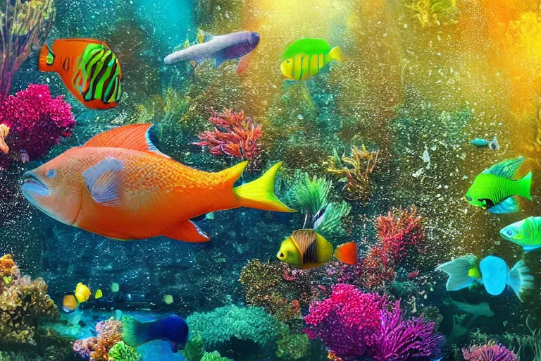 Image similar to ultra realistic underwater photography, panoramic picture of a river with ( subject : a very big exotic brightly coloured fish ). lots of bubbles. wavy, scattered light entering from the water surface, artstation, focus on the fish, extremely hyperrealistic crisply sharp fish, 8 k