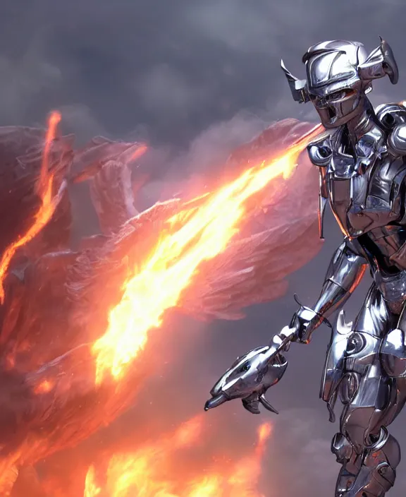 Image similar to stunning concept art of a fiery angel in a silver futuristic battle suit, 4 k resolution, unreal engine render