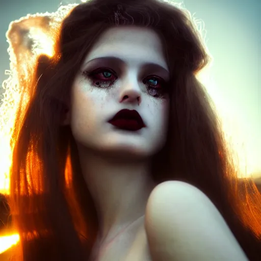Image similar to photographic portrait of a stunningly beautiful heartbroken gothic female in soft dreamy light at sunset, god rays, contemporary fashion shoot, by edward robert hughes, annie leibovitz and steve mccurry, david lazar, jimmy nelsson, breathtaking, 8 k resolution, extremely detailed, beautiful, establishing shot, artistic, hyperrealistic, beautiful face, octane render