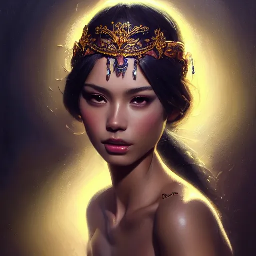 Prompt: expressive oil painting, of alluring latina princess, smooth glowing skin, oiled body, pretty eyes, love, adoration, ornate headpiece of black beads, tattoo, glamour shot, by yoshitaka amano, by greg rutkowski, by jeremyg lipkinng, by artgerm, digital art, octane render