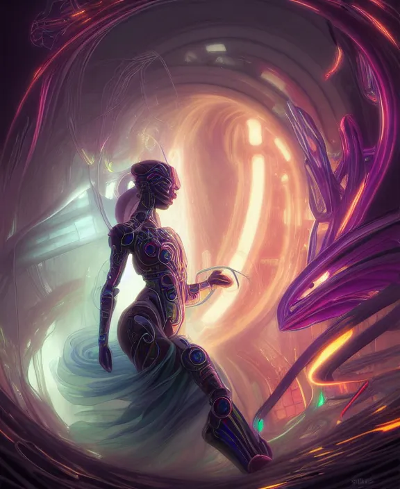 Prompt: whirlwind souls rushing inside metaverse, half body, glowin eyes, tiara, pharaoh, android, cyborg, cyberpunk face, by loish, d & d, fantasy, intricate, elegant, highly detailed, colorful, vivid color, digital painting, artstation, concept art, art by artgerm and greg rutkowski and alphonse mucha and ruan jia