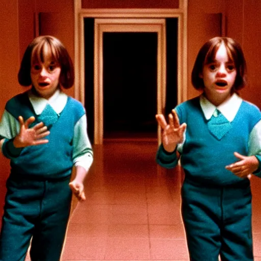 Prompt: the twins from the shining in the hallway waving to danny torrance 4 k photorealism