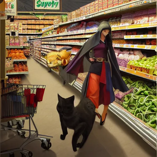 Image similar to digital painting of a super market grocery shopping elegant but deadly anthropomorphic cats with snake featured hybrid, by Greg Rutkowski, magic the gathering concept art, trending on artstation, 4k resolution, ((in a super market Costco))