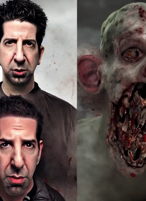 Image similar to david schwimmer becomes a zombie, face enhance, realistic, shaun of the dead, izombie, ultra detailed, octane render, lovecraftian, horror, dead space, the walking dead