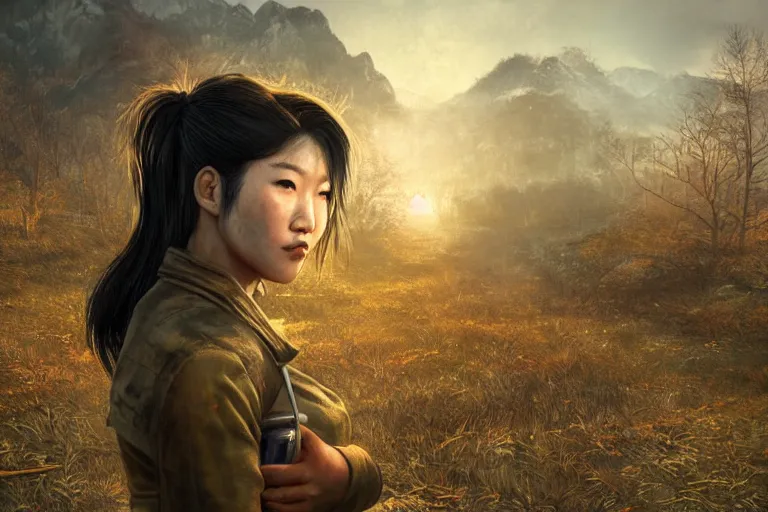 Image similar to fallout 5, charismatic beautiful rugged asian female protagonist, portrait, outdoors japanese rural countryside, atmospheric lighting, painted, intricate, volumetric lighting, daytime, winter, clear weather, mutated wildlife, golden hour, sharp focus, deep colours, ultra detailed, art by william turner