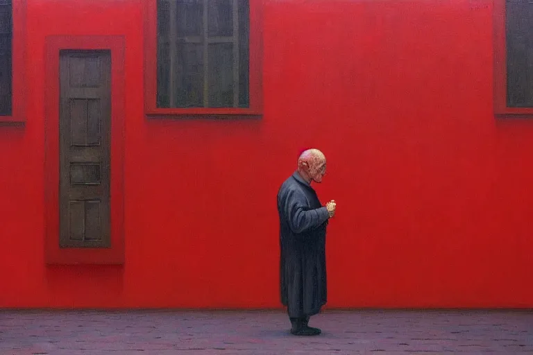 Image similar to only with red, a red old man try to sell a portrait, a crowd cheering, in a city square, in the style of beksinski, parts by edward hopper, parts by rodcenko, parts by yue minjun, intricate and epic composition, red by caravaggio, insanely quality, highly detailed, masterpiece, red light, artstation, 4 k