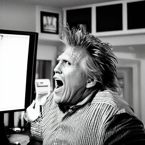 Image similar to gary busey screaming at a desktop computer in 1 9 9 9, ( sony a 7 r iv, symmetric balance, polarizing filter, photolab, lightroom, 4 k, dolby vision, photography awardm, voque, perfect face )