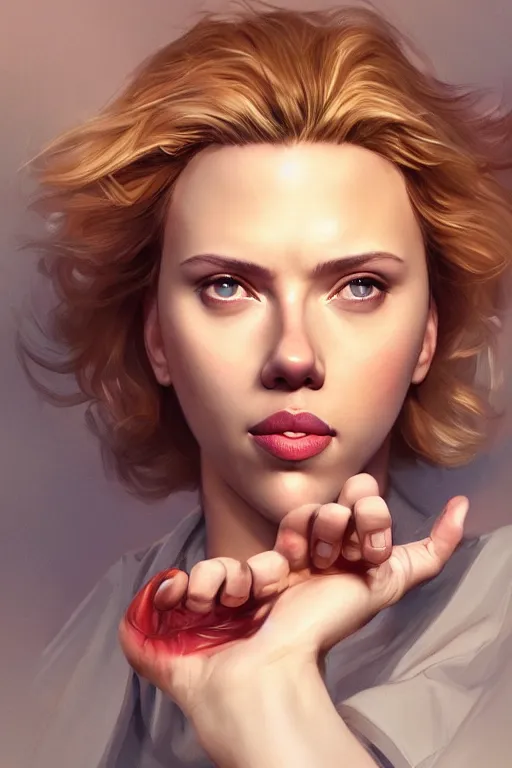 Prompt: Scarlett Johansson super excited, anatomy, only two hands, highly detailed, digital painting, artstation, concept art, smooth, sharp focus, illustration, Unreal Engine 5, 8K, art by art by artgerm and greg rutkowski and edgar maxence