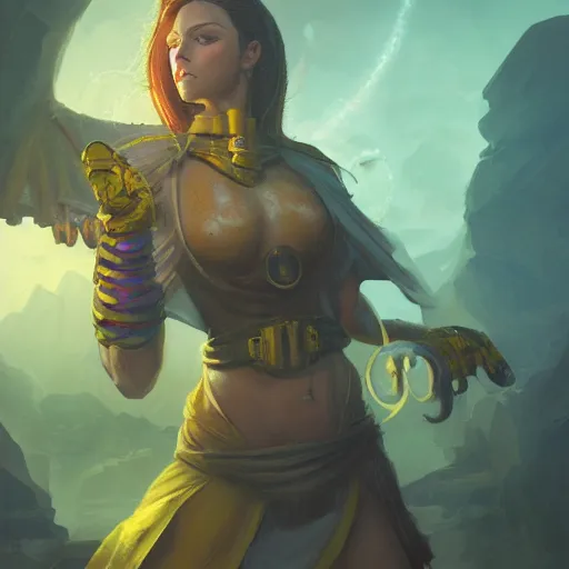 Image similar to a female Kender wearing a yellow jacked aiming her hoopak towards the viewer, oil painting, insanely detailed, Larry Elmore, Greg Rutkowski, Charlie Bowater, Fantasy Art, Dungeons and Dragons, Dragonlance Illustration, unreal 5, DAZ, hyperrealistic, octane render, RPG portrait, dynamic lighting, fantasy art, beautiful face