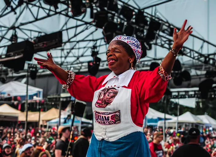 Image similar to photo still of aunt jemima in period attire at vans warped tour!!!!!!!! at age 4 0 years old 4 0 years of age!!!!!!! on stage throwing pancakes to the crowd, 8 k, 8 5 mm f 1. 8, studio lighting, rim light, right side key light