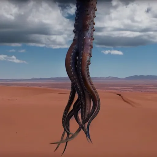 Image similar to a giant squid octopus chimea hanging from the clouds over a desert with beautiful dunes, still from the movie the arrival, 8k