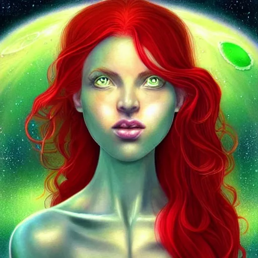 Image similar to Redhead Pleiadian alien human beautiful hybrid feminine woman, green skin, long gorgeous red hair in loose curls, with stunning green eyes, cute round face and a roundish nose, as a retrofuturistic heroine, face and body, gorgeous psychedelic digital painting, artstation, concept art, smooth, sharp focus, illustration, art by artgerm and donato giancola and Joseph Christian Leyendecker, Ross Tran, WLOP