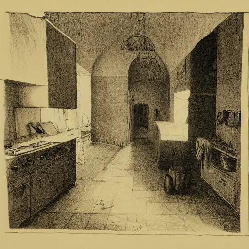 Prompt: kitchen of an abandonded house, illustration by Gustav Doré, Chiaroscuro, dramatic light