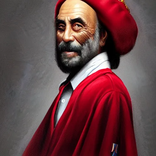 Image similar to realism portrait King Tommy Chong wears an officer uniform whilst wearing a red velvet cape and golden crown anna podedworna arkhip kuindzhi raphael lacoste guillem h. pongiluppi grisaille