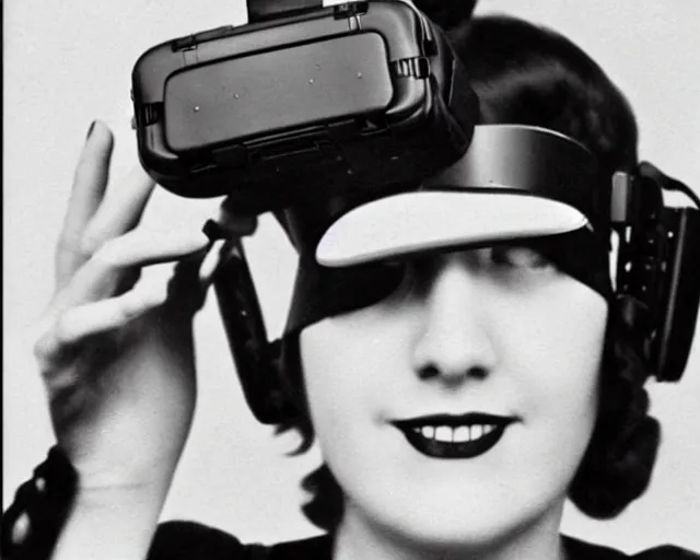 Prompt: 1 9 2 0 s photo of a flapper girl wearing a vr virtual reality headset