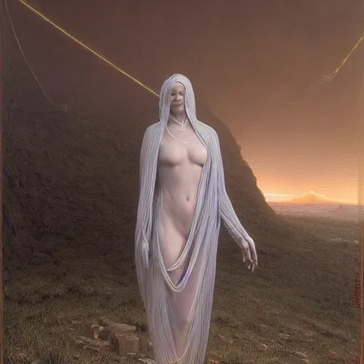 Image similar to woman, covered in transparent cloth, plastic, mountains, thunder clouds, Masterpiece, glowing, wires everywhere, by Edgar Maxence and Ross Tran, Zdzisław Beksiński, and Michael Whelan, distant, gustav dore, H.R. Giger, 8k, octane render