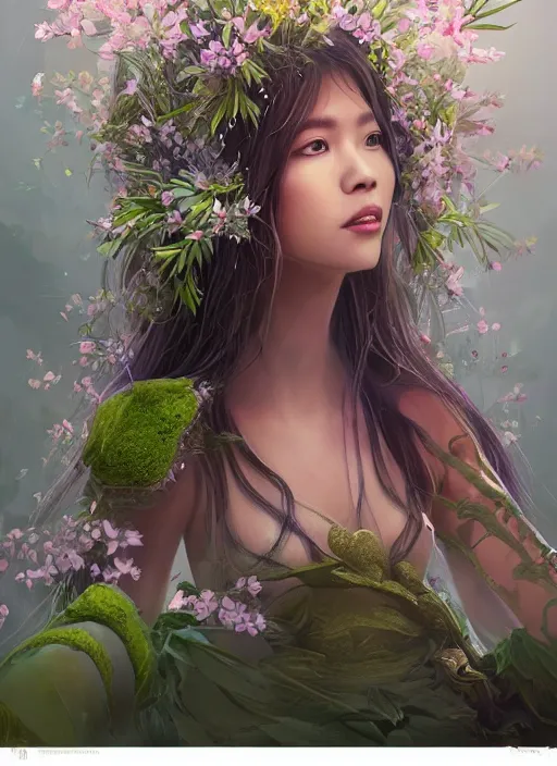 Image similar to portrait of Lalisa Manobal as a Celestial Goddess of a futuristic princess, inside future fighter, sci-fi, fantasy, intricate, lush garden spaceship with sakura season flowers, elegant, human anatomy, royal green and nature light, highly detailed, digital painting, artstation, concept art, smooth, sharp focus, illustration, art by tian zi and WLOP and alphonse mucha, masterpiece, 3d blender