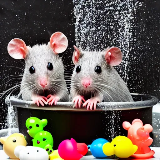 Prompt: photo of Rats bathing in a kitchen sink, with foam and rubber ducks. From 2 meters away.