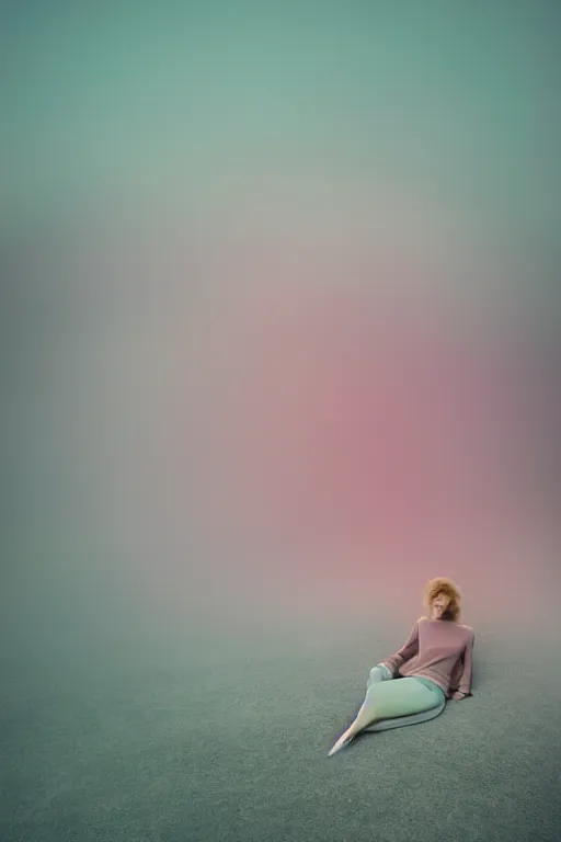 Image similar to high quality pastel coloured film close up wide angle photograph of a model wearing clothing resting on cloud furniture in a icelandic black rock!! environment in a partially haze filled dreamstate world. three point light, rainbow. photographic production. art directed. pastel colours. volumetric clouds. pastel gradient overlay. waves glitch artefacts. extreme facial clarity. 8 k. filmic.