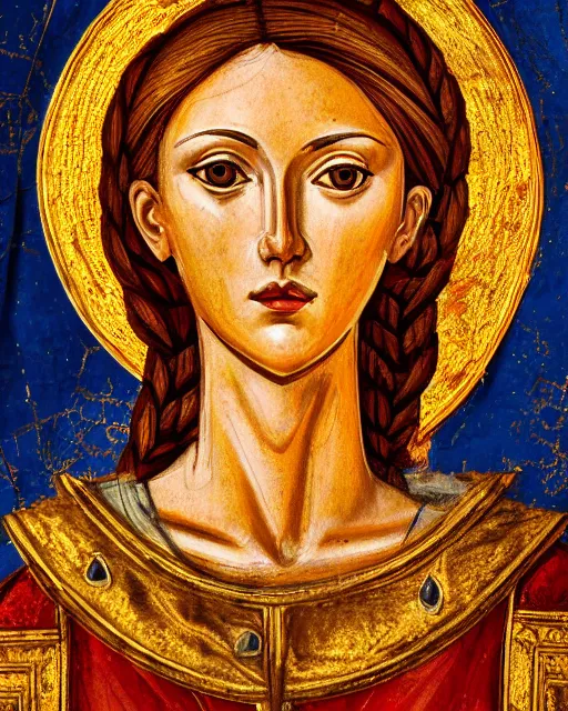 Image similar to byzantine fresco portrait of woman in shining golden armor, high production value, intricate details, high resolution, hdr, high definition, masterpiece, realistic, ultrarealistic, highly detailed, hd, sharp focus, non blurry, sharp, smooth