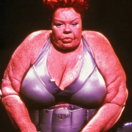 Prompt: a photograph of the “2-weeks” Fat Lady (Priscilla Allen) from the 1990 movie Total Recall where her head splits in two to reveal Arnold Schwarzenegger