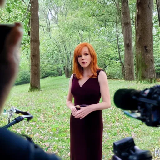 Image similar to stunning live footage of news anchorwoman liz claman reporting from lothlorien interviewing arwen, lord of the rings movie, by daniella zalcman, directed by peter jackson, highly detailed, canon eos r 3, f / 1. 4, iso 2 0 0, 1 / 1 6 0 s, 8 k, raw, symmetrical balance