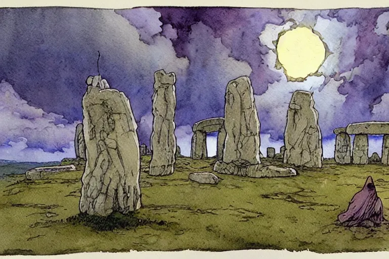 Prompt: a realistic and atmospheric watercolour fantasy concept art of a ufo landing in a tiny stonehenge. one dirty medieval monk in grey robes is pointing up at the ufo. muted colors. by rebecca guay, michael kaluta, charles vess and jean moebius giraud