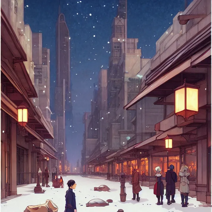 Image similar to empty florida big city, winter, in the style of studio ghibli, j. c. leyendecker, greg rutkowski, artem