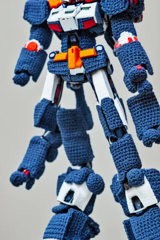 Image similar to a crochet gundam mecha, Sigma 50 mm f/1.4