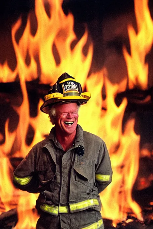 Image similar to kevin tighe wearing a fireman helmet, standing in the flames of a fire laughing