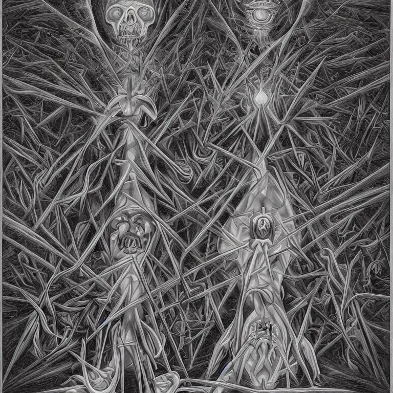 Image similar to expression of mind-matter interaction through death by Alex Grey and M. C. Escher collaboration, digital painting, Groundcore