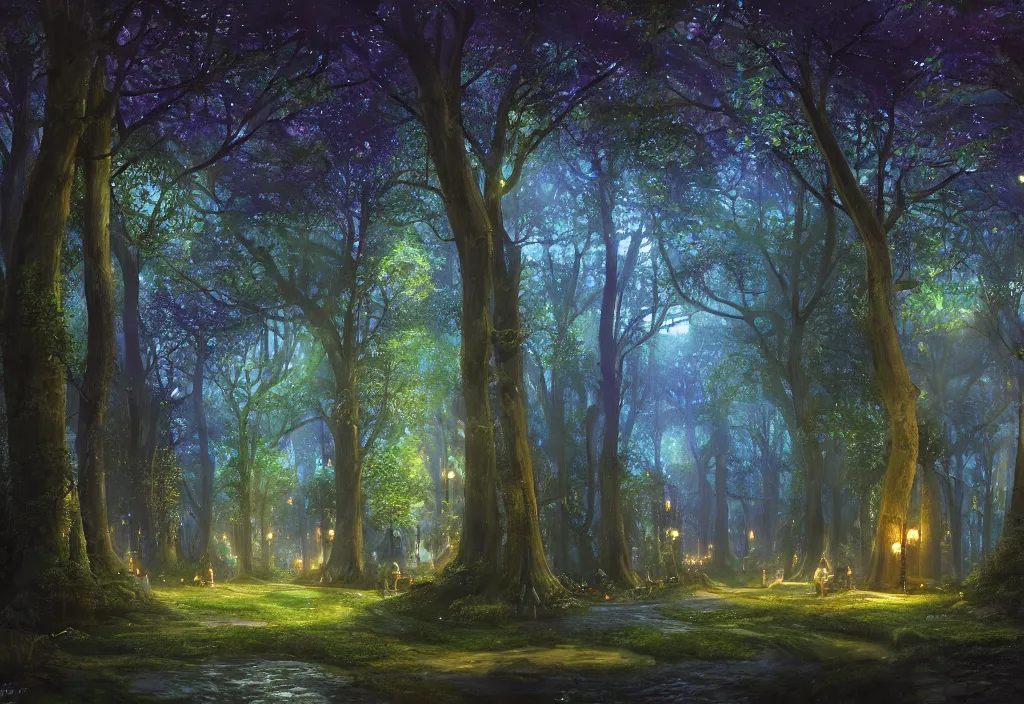 Image similar to Lothlorien at night, very dark with green lights, blue lights and purple lights, elven forest town with houses up in the trees, oil painting, dramatic lighting, Jakub Kasper, Makoto Shinkai, hyperrealistic, cinematic, elegant, intricate