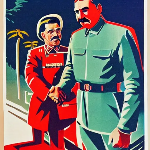 Image similar to a majestic soviet propaganda poster of stalin shaking hands with kanye west