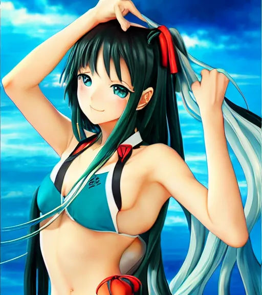 Prompt: Anime art very beautiful Hatsune miku by artgerm, Gil Elvgren, Vladimir Volegov, Earl Moran, Enoch Bolles, symmetrical shoulders, smiling, blue swimsuit top