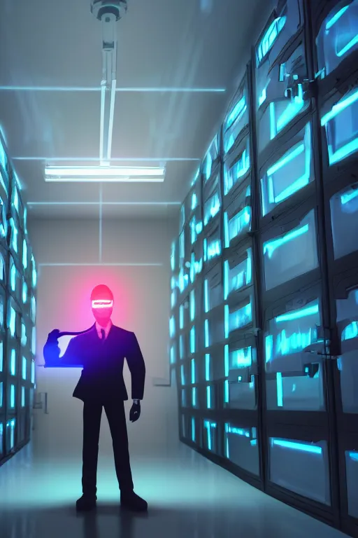 Prompt: futuristic scientist is holding a folder, he is in shock, dark building of server room, neon light, the folder glows and lights up his face, professional lighting, 3 d digital modeling, movie scene, concept art, detailed art,