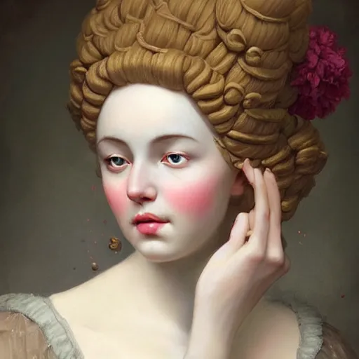 Prompt: photo realistic digital oil painting. female character design of an 1 8 th century woman with tall wig built of cupcakes and cakes. fine delicate perfect facial features. highly detailed. smooth, sharp focus. elegant. rococo style. by tom bagshaw, cedric payravernay, peter mohr.