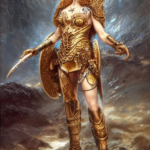 Image similar to a beautiful valkyrie, norse warrior, wearing a golden armor with norse and viking jewelry by karol bak, ayami kojima, amano, moebius, concept art, character design, fantasy, 3 d, 8 k resolution