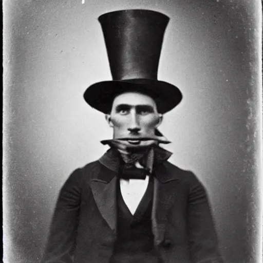 Image similar to A photograph portrait of Jerma in the mid-late 1800s with a top hat and sideburns with a pyramidal, taken in the mid-late 1800s, taken on a Field View Camera, realistic, hyperrealistic, very realistic, highly detailed, very detailed, extremely detailed, detailed, digital art, trending on artstation