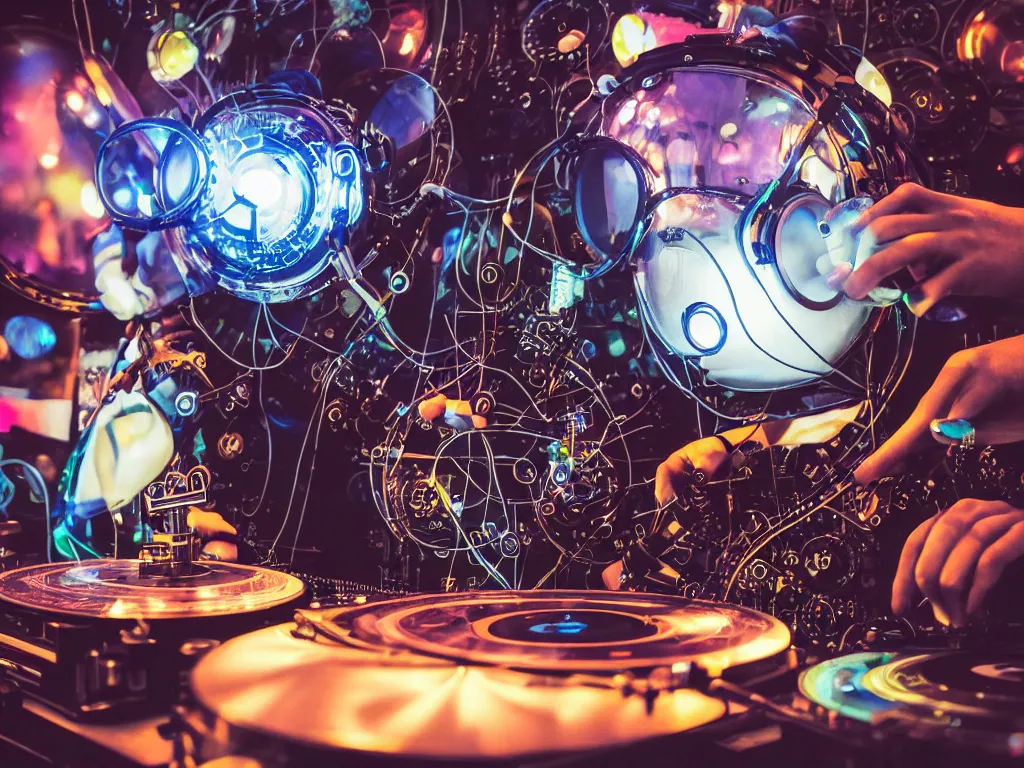 Image similar to a person wearing goggles and visor and headphones using a steampunk record player contraption, wires and tubes, turntablism dj scratching, intricate planetary gears, cinematic, imax, sharp focus, leds, bokeh, iridescent, black light, fog machine, hazy, lasers, hyper color digital art, cyberpunk