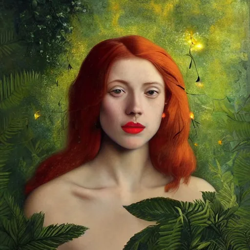 Image similar to a highly detailed portrait of a red haired young woman, among golden fireflies and nature, deep green eyes, hint of freckles, round gentle face, cheeky smile with red lips, deep focus, smooth, sharp, golden ratio, elegant, hyper realistic art by artemisia lomi gentileschi, caravaggio and sakimichan