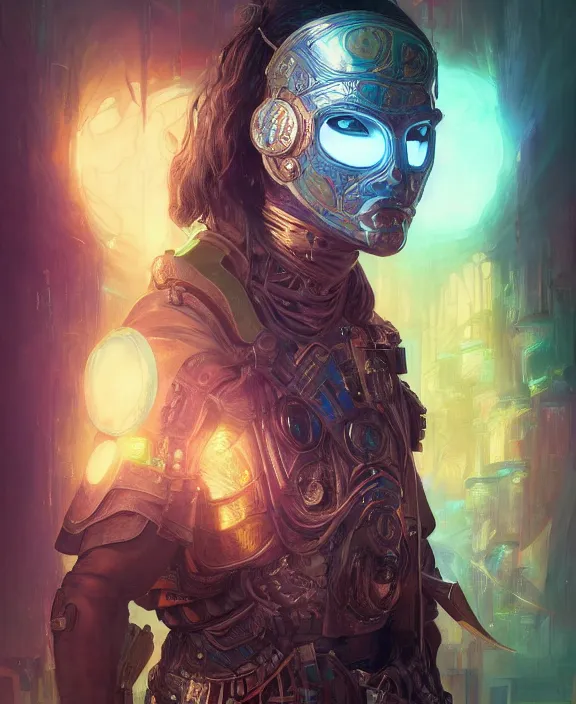 Image similar to portrait of a cyberpunk masked warrior, half body, glowin eyes, d & d, fantasy, intricate, elegant, highly detailed, colorful, vivid color, digital painting, artstation, concept art, art by artgerm and greg rutkowski and alphonse mucha and ruan jia
