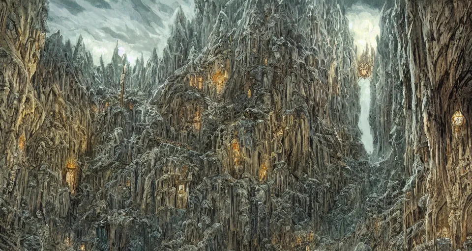 Image similar to Masterfully drawn mspaint art piece of middle-earth's 'Mines of Moria' by James Gurney. Amazing beautiful incredible wow awe-inspiring fantastic masterpiece gorgeous fascinating glorious great.