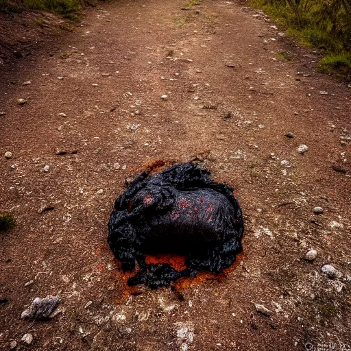 Prompt: closeup of a cow shit in the middle of the path, excrement, pinewoods, avila mountains, grim fantasy, emotional, eos r 5, f / 2. 5, illustration, concept art, award winning photograph, 8 k, alphonse mucha style, no background, nobody